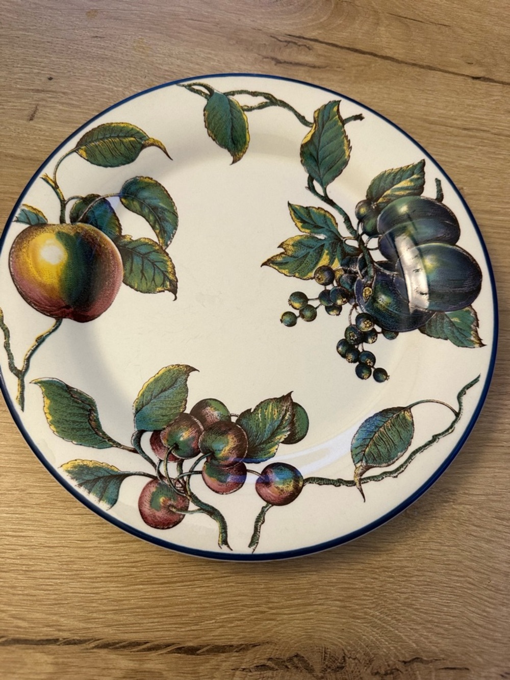 Pier 1 White Dinner Plate with Multicolor Fruit and Blue Rim